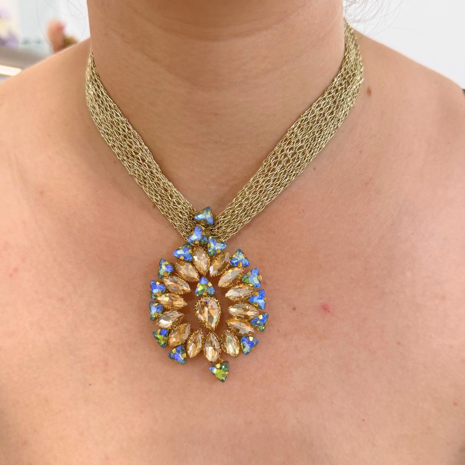 Parure de Bijoux Dorée Fleur Cristaux Multicolores