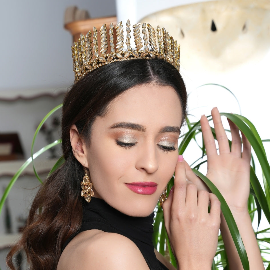 Couronne de mariée dorée à feuilles cristallisées