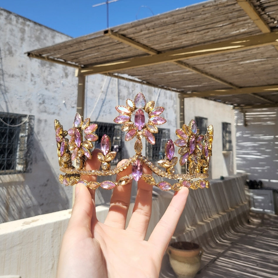 Couronne rose et mauve fleurs cristaux luxe