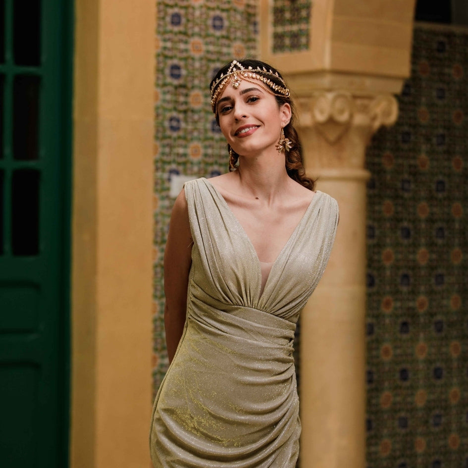 Chaîne frontale chic avec cristaux brillants - Broche doré pour mariage