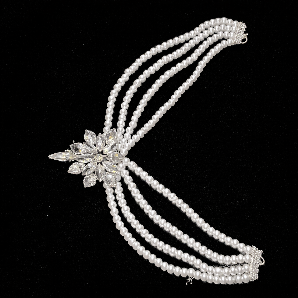 Collier perles multiples et cristal floral élégant