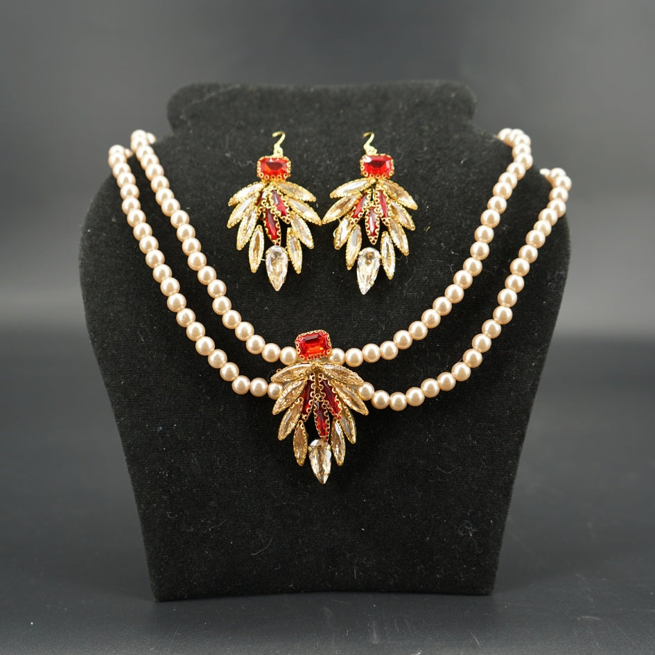 Collier Avec boucle d'oreille de mariage en perles et strass rouge– Accessoire glamour