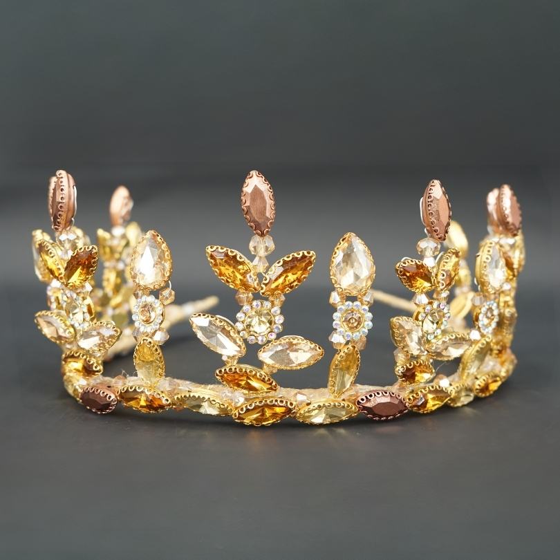 Diadème de mariée diadème en perles d'or avec cristaux et feuilles d'or pour la mariée, morceau de cheveux de mariage, bandeau diadème doré