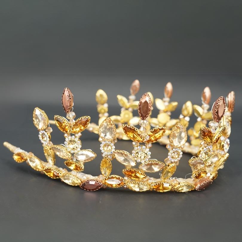 Diadème de mariée diadème en perles d'or avec cristaux et feuilles d'or pour la mariée, morceau de cheveux de mariage, bandeau diadème doré