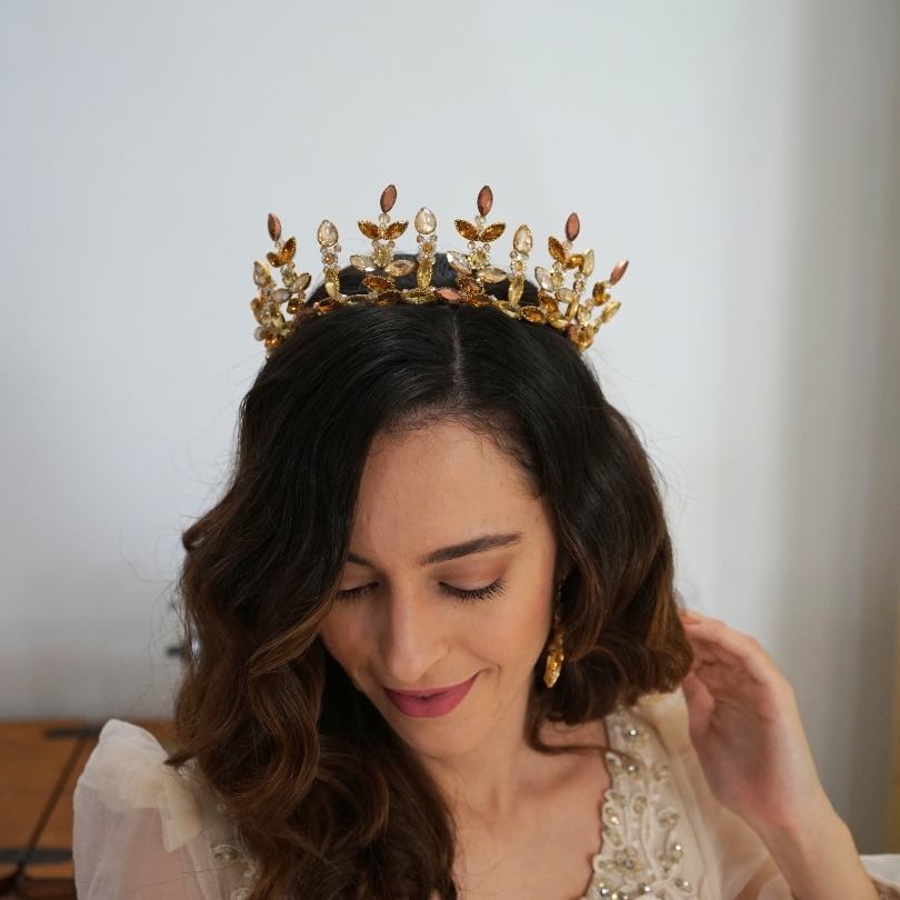 Diadème de mariée diadème en perles d'or avec cristaux et feuilles d'or pour la mariée, morceau de cheveux de mariage, bandeau diadème doré