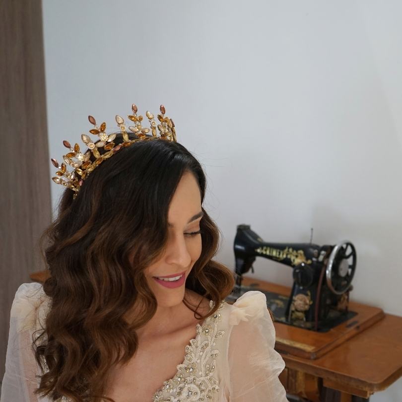 Diadème de mariée diadème en perles d'or avec cristaux et feuilles d'or pour la mariée, morceau de cheveux de mariage, bandeau diadème doré