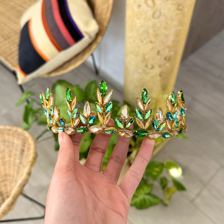 Couronne dorée émeraude – Cristaux vert faits main