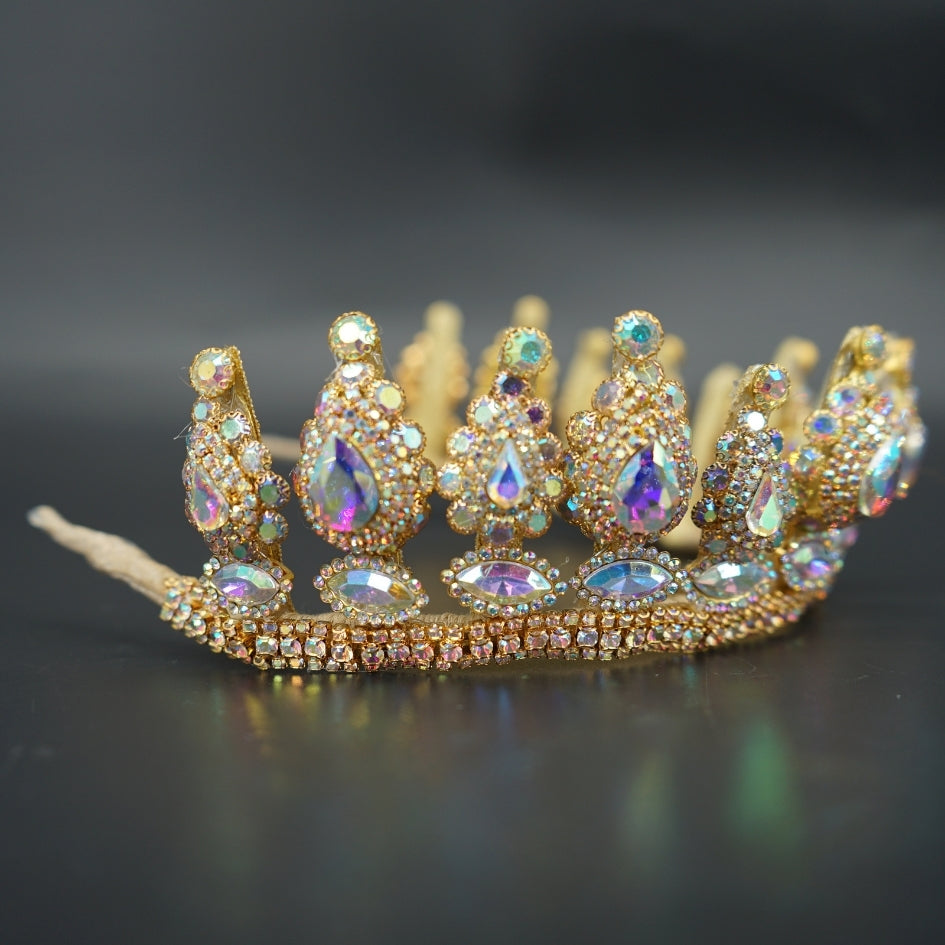 Couronne mariage luxe en strass et cristaux doré – Diadème royal scintillant