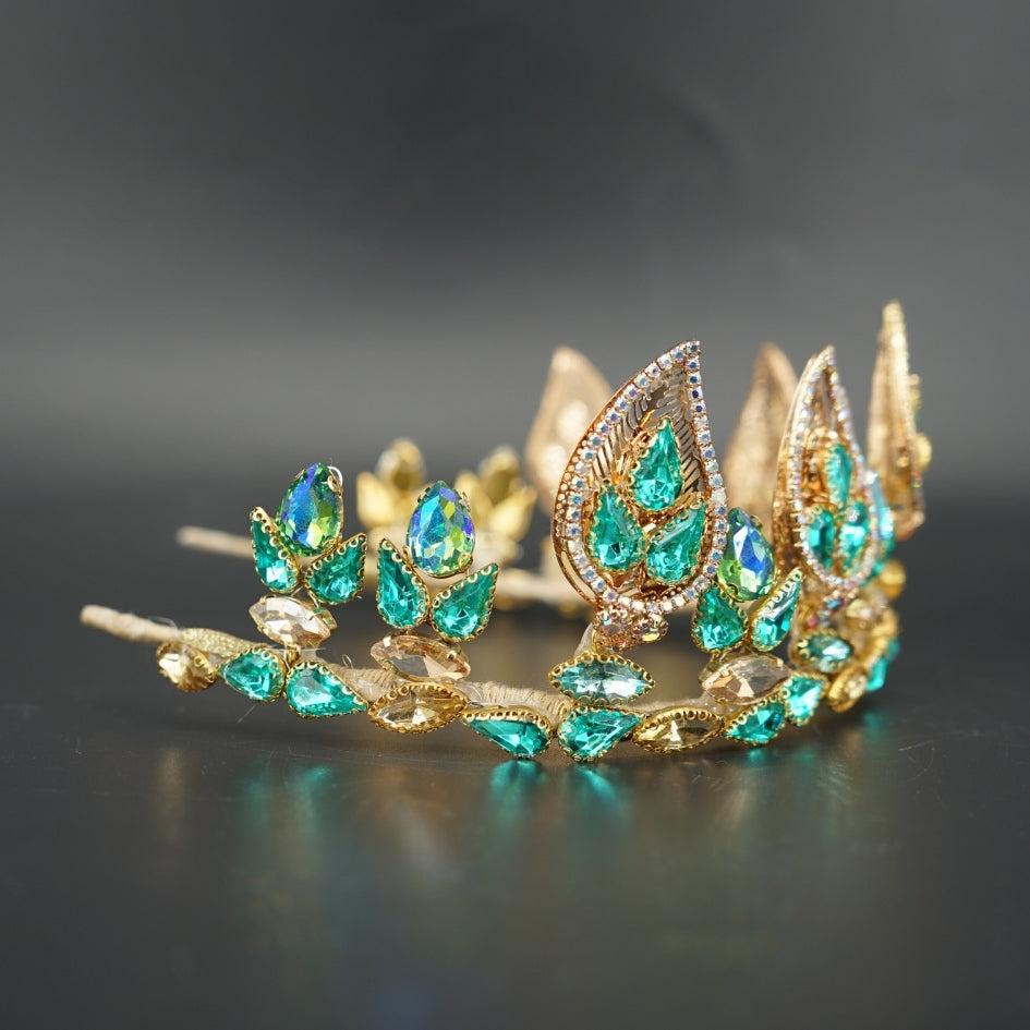 Couronne strass dorée et verte – Parure de mariée