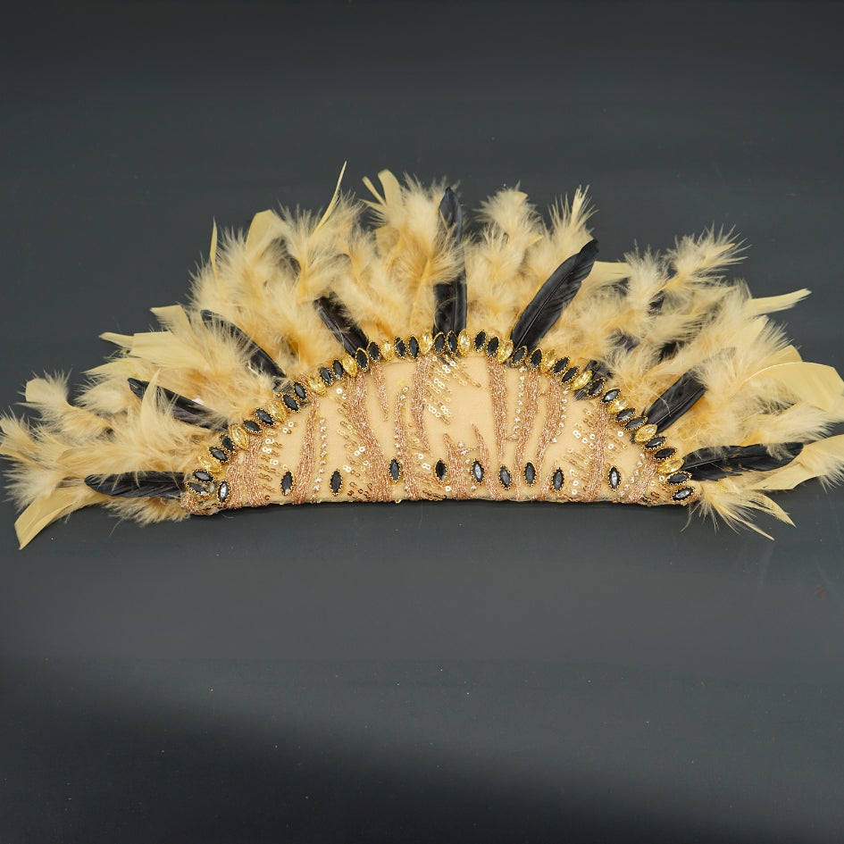 Éventail de plumes de mariée couleur dorée et noir