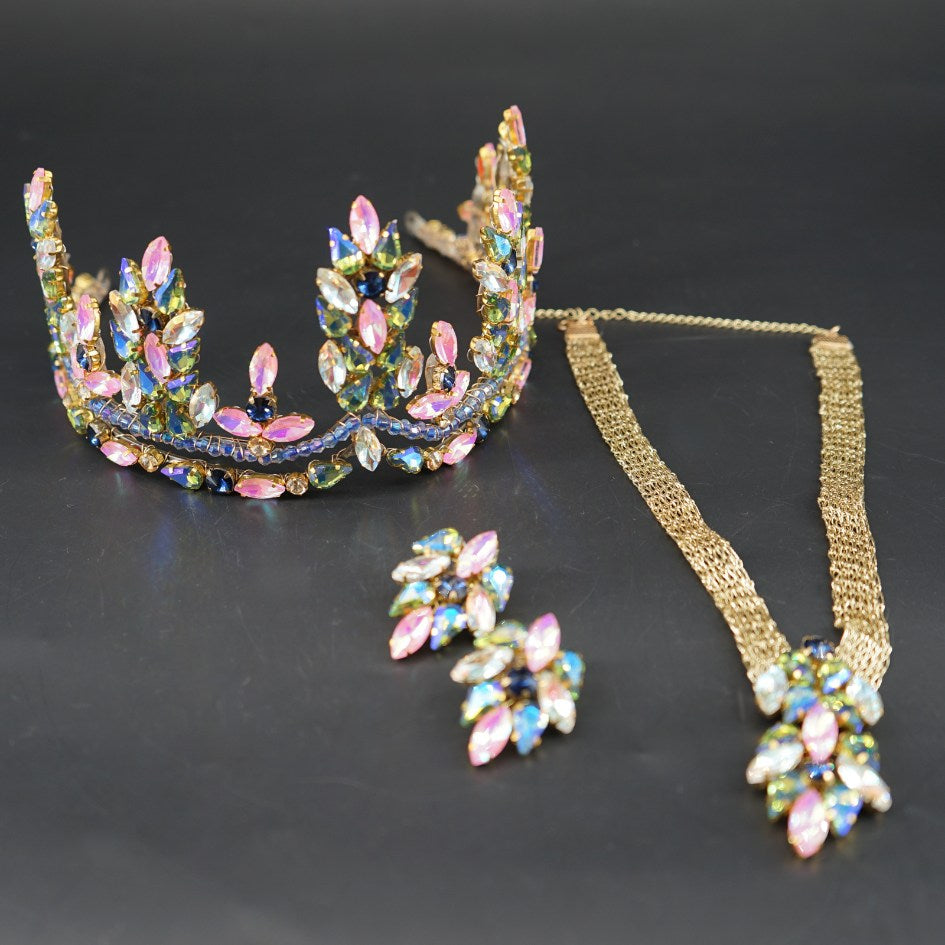 Parure bijoux couronne & collier multicolore chic