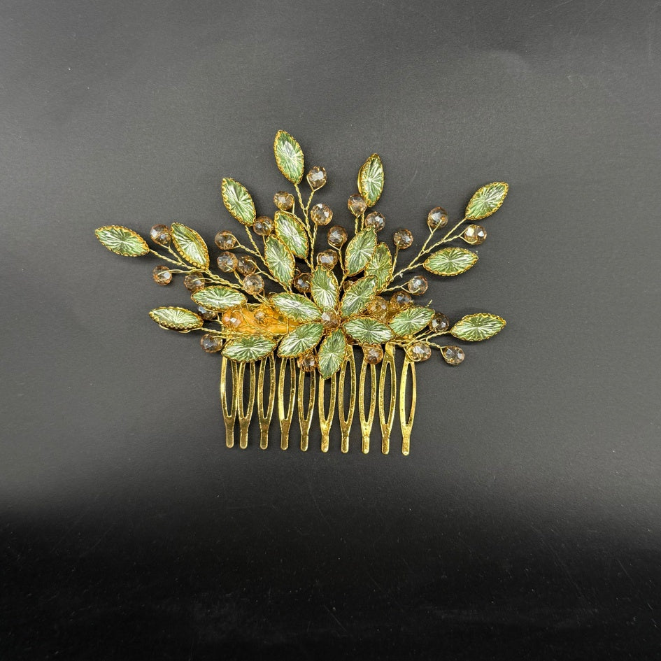 Peigne cheveux doré feuilles vertes et cristaux