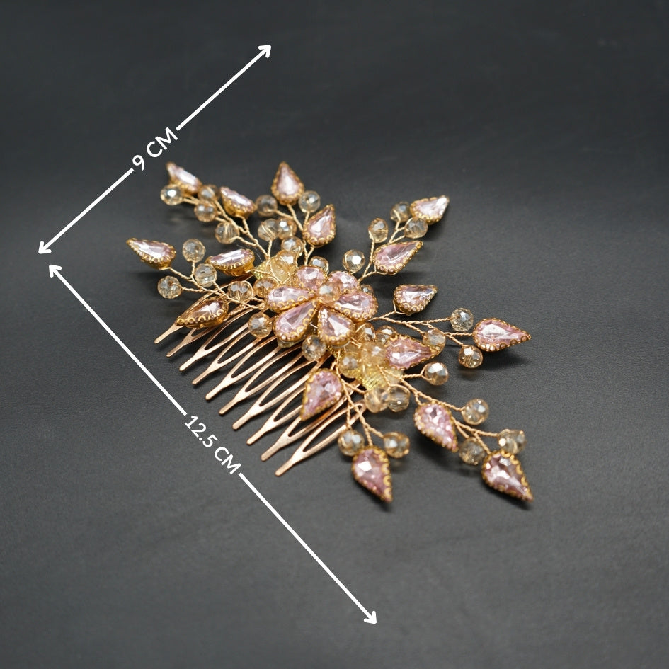 Peigne cheveux feuilles mauve rosé en cristaux