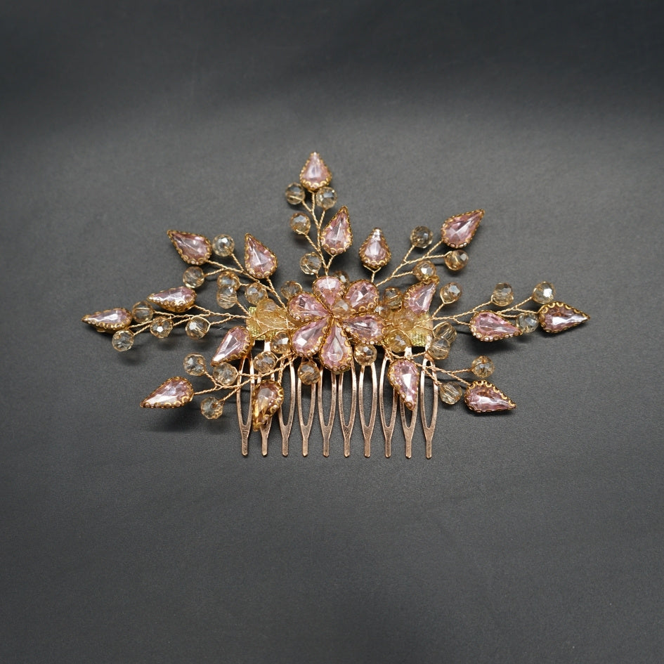 Peigne cheveux feuilles mauve rosé en cristaux