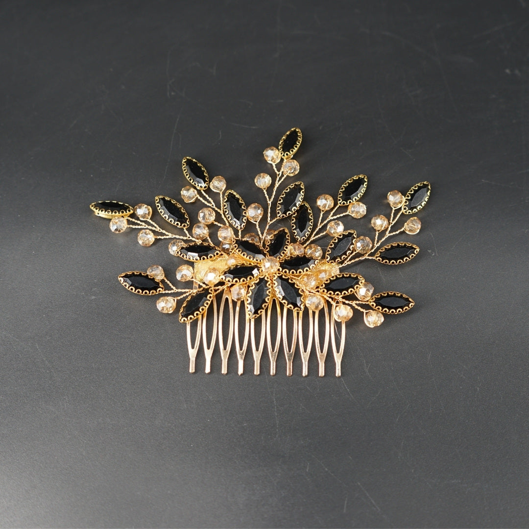 Peigne cheveux feuilles noir en cristaux
