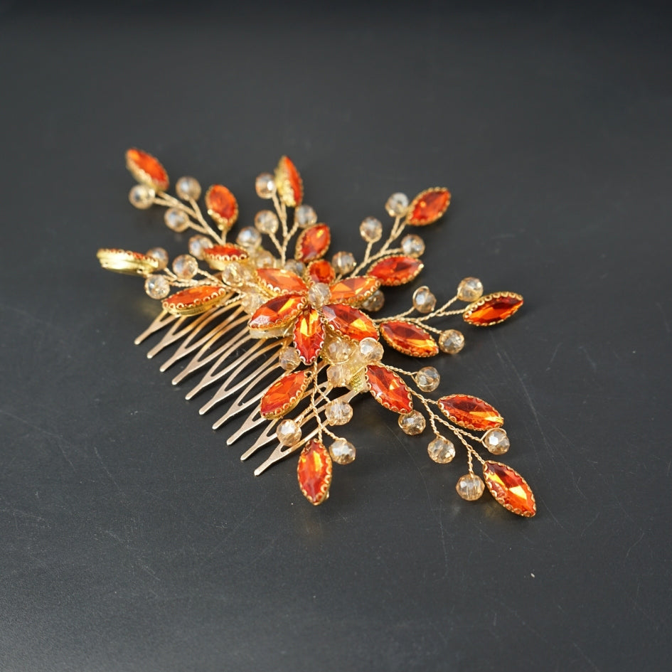 Peigne cheveux feuilles orange en cristaux