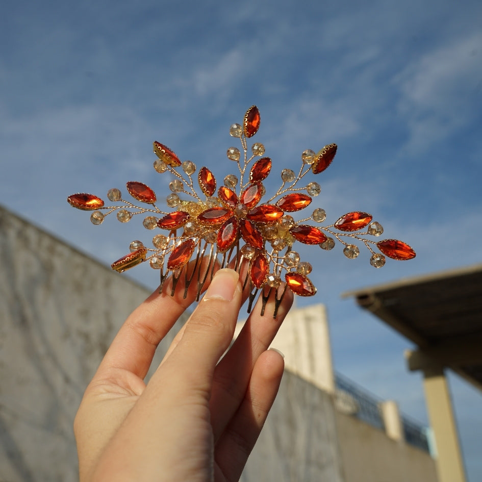 Peigne cheveux feuilles orange en cristaux