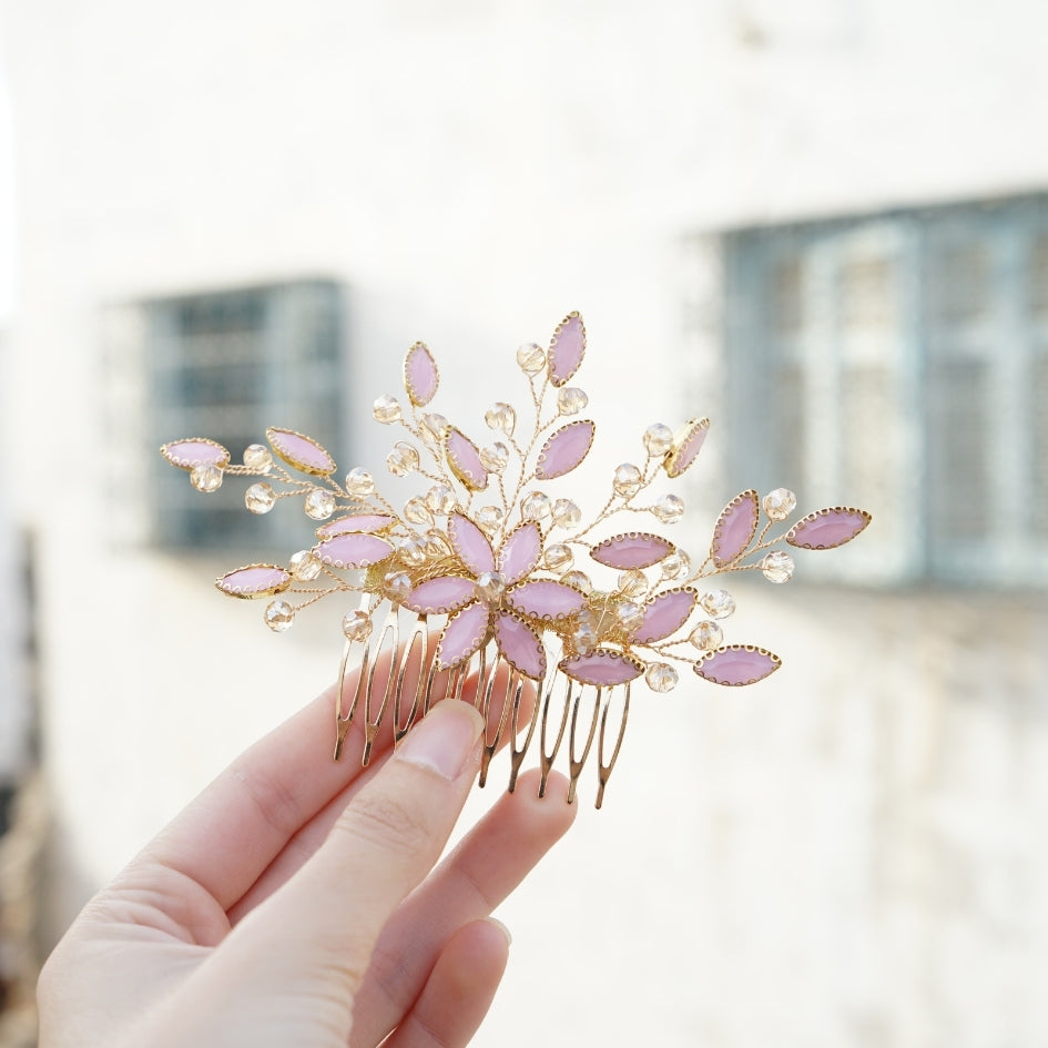Peigne cheveux feuilles rose en cristaux