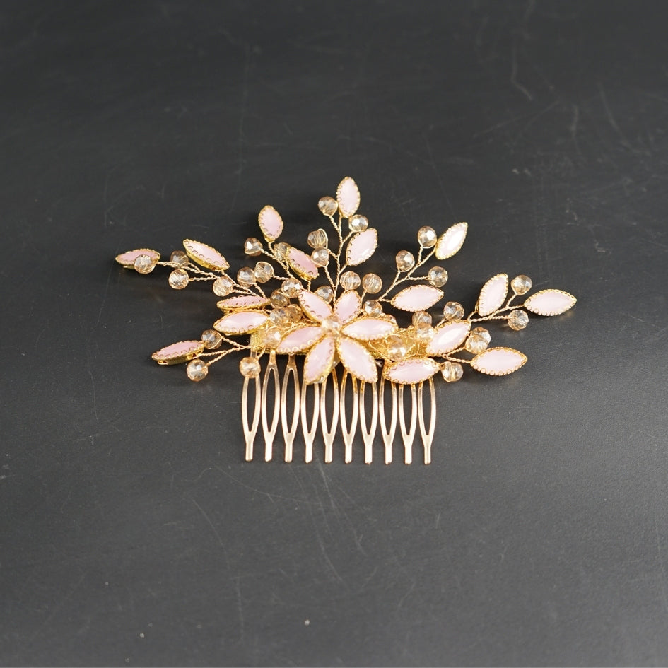 Peigne cheveux feuilles rose en cristaux