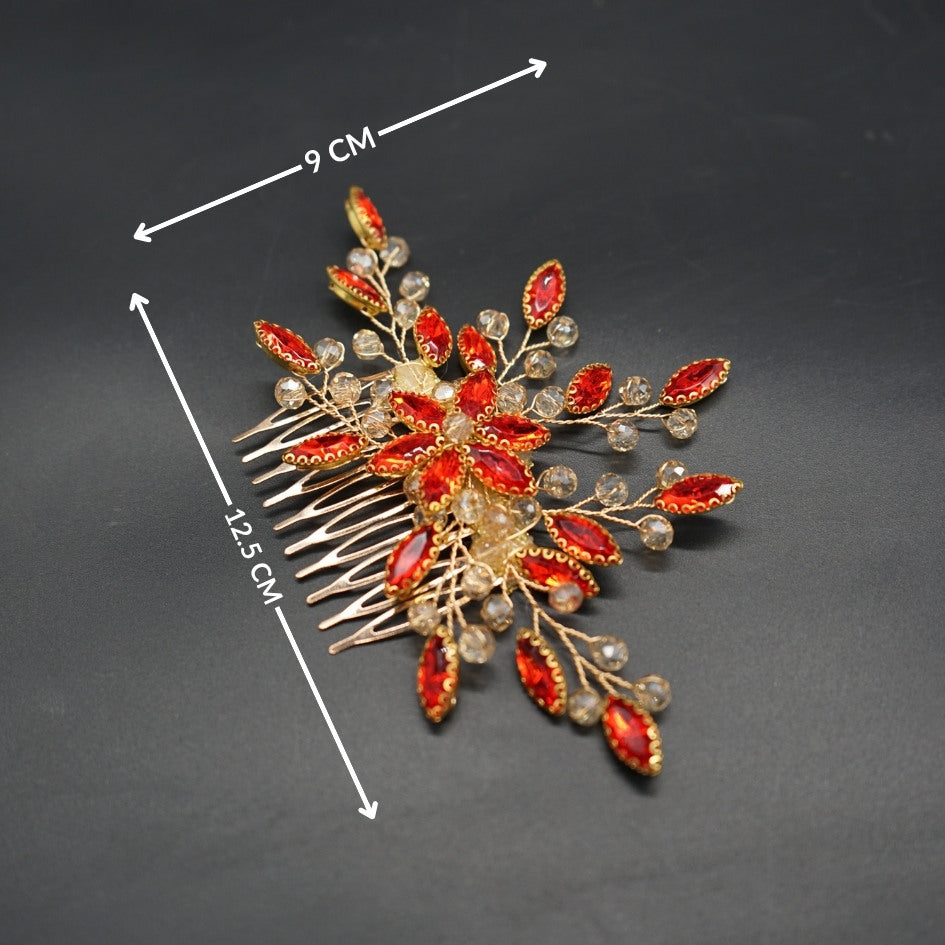 Peigne cheveux feuilles rouge en cristaux