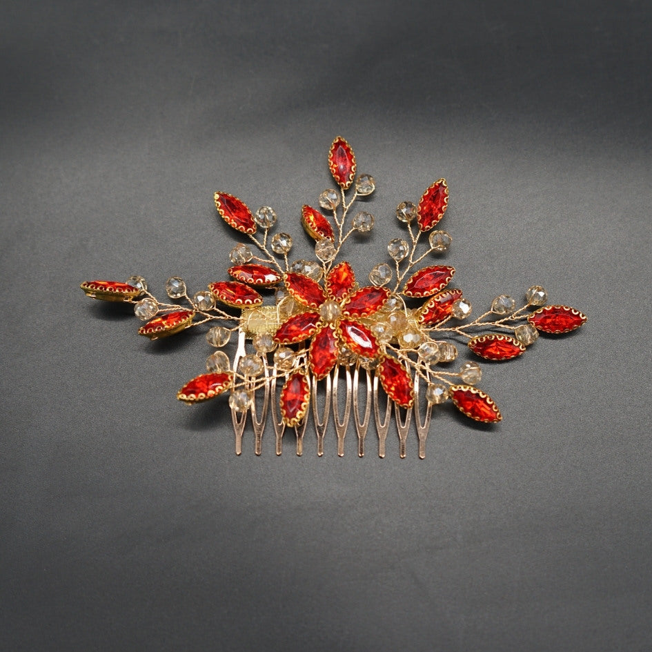 Peigne cheveux feuilles rouge en cristaux