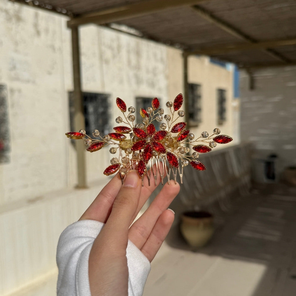 Peigne cheveux feuilles rouge en cristaux