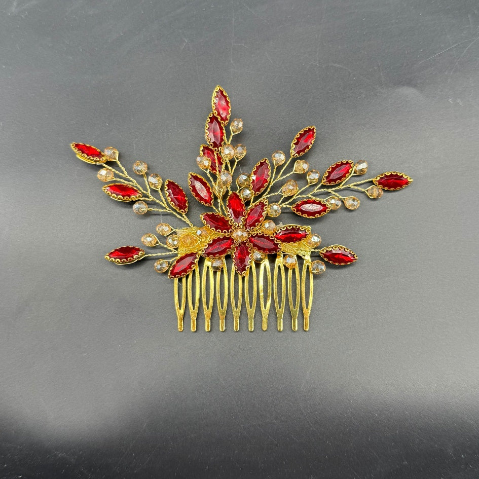 Peigne cheveux feuilles rouges et perles transparentes