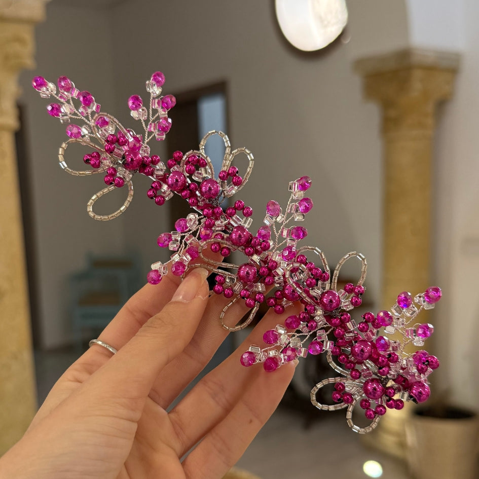 Peigne de mariage en strass et perles fuchsia – Bijou de tête élégant