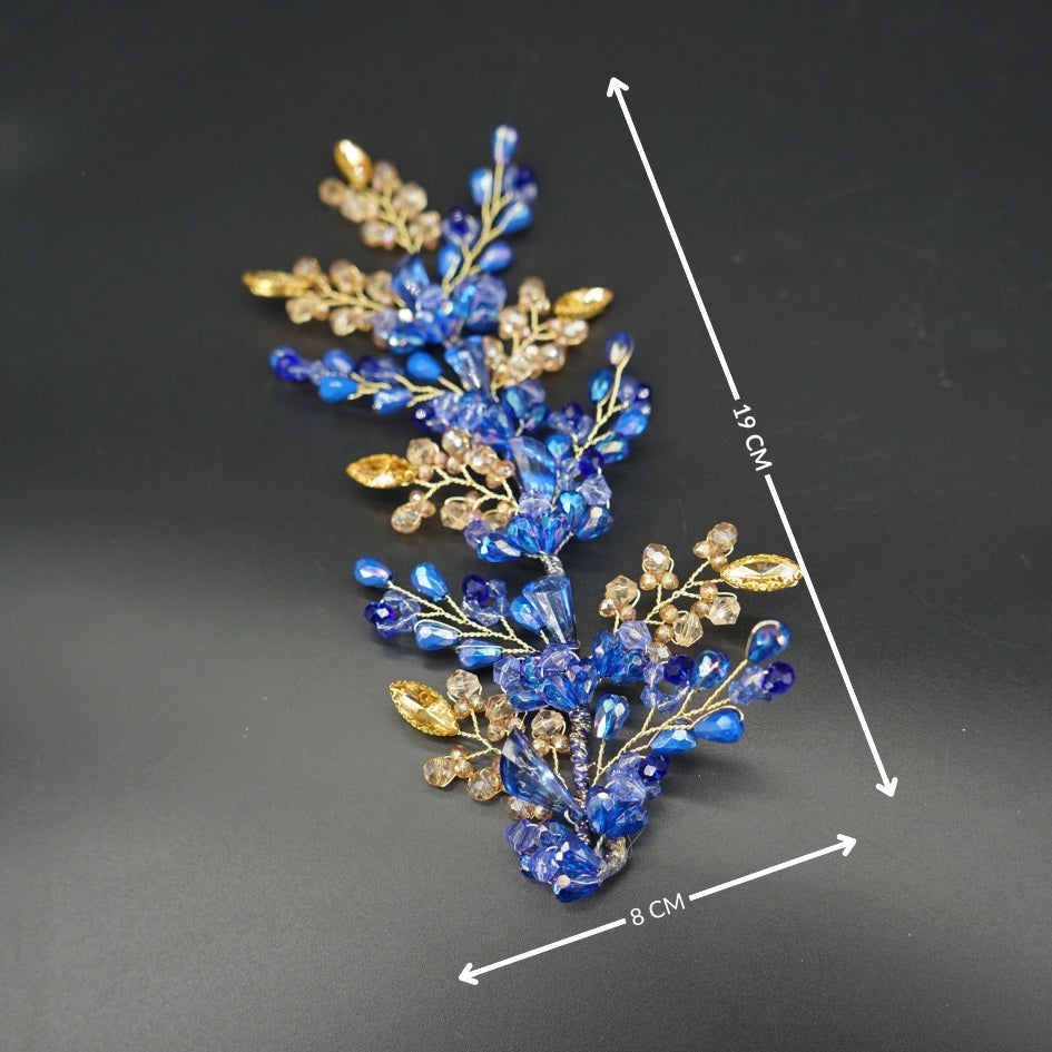 Peigne de mariée bleu et or – Cristaux faits main pour cheveux