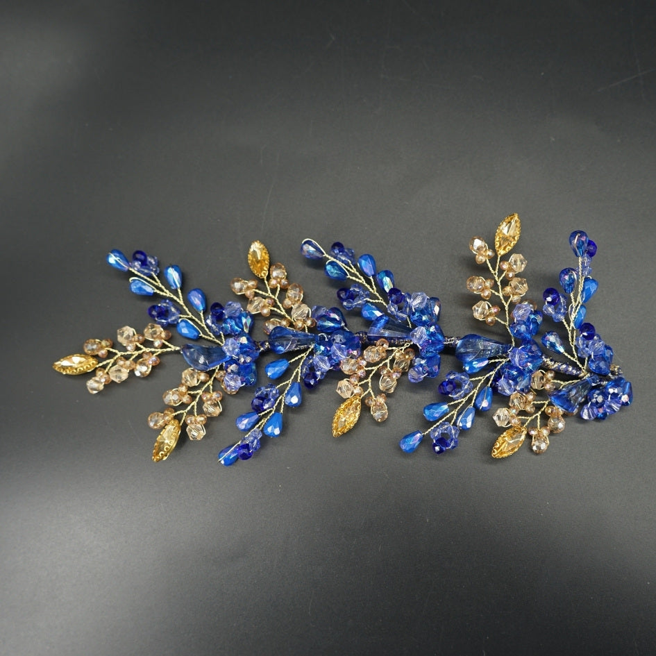Peigne de mariée bleu et or – Cristaux faits main pour cheveux