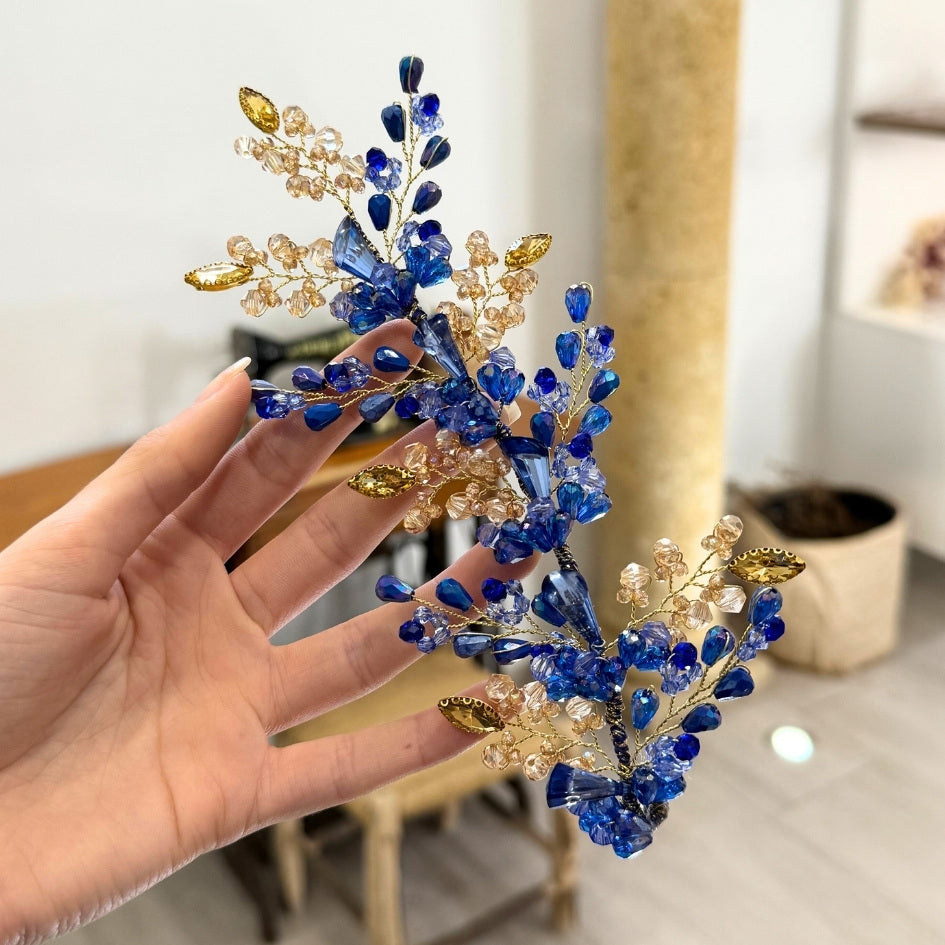 Peigne de mariée bleu et or – Cristaux faits main pour cheveux