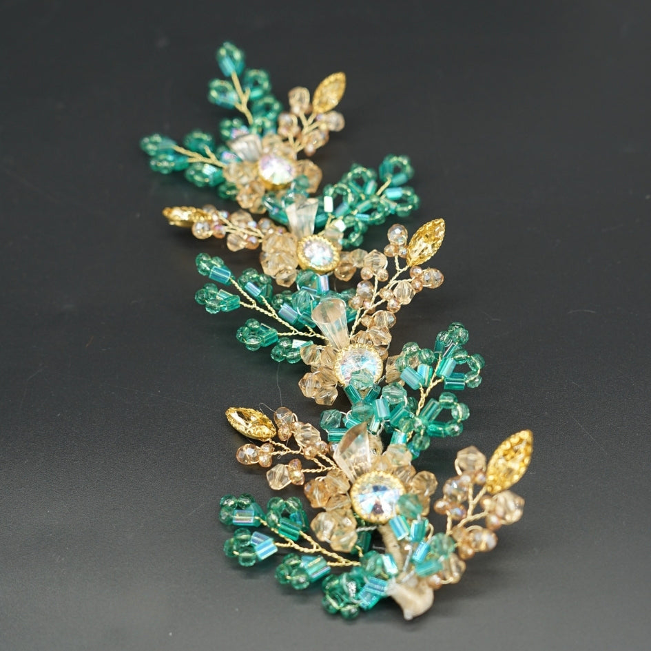 Peigne floral mariage doré & vert – Cristaux irisés faits main