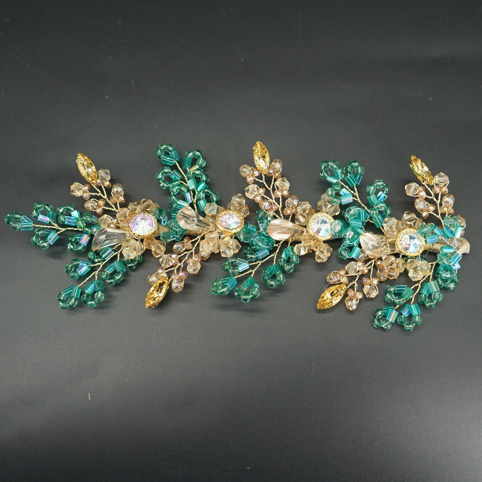 Peigne floral mariage doré & vert – Cristaux irisés faits main