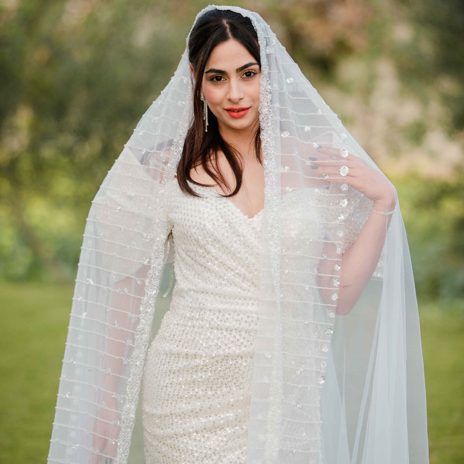 Voile de Mariée Romantique en Tulle avec Perles Brodées
