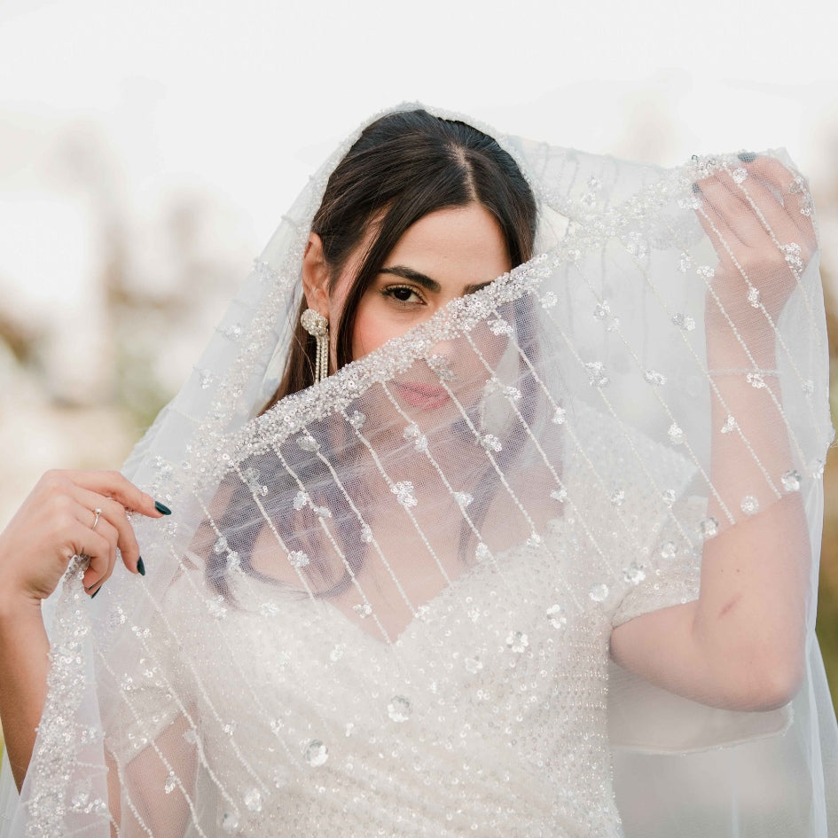 Voile de Mariée Romantique en Tulle avec Perles Brodées