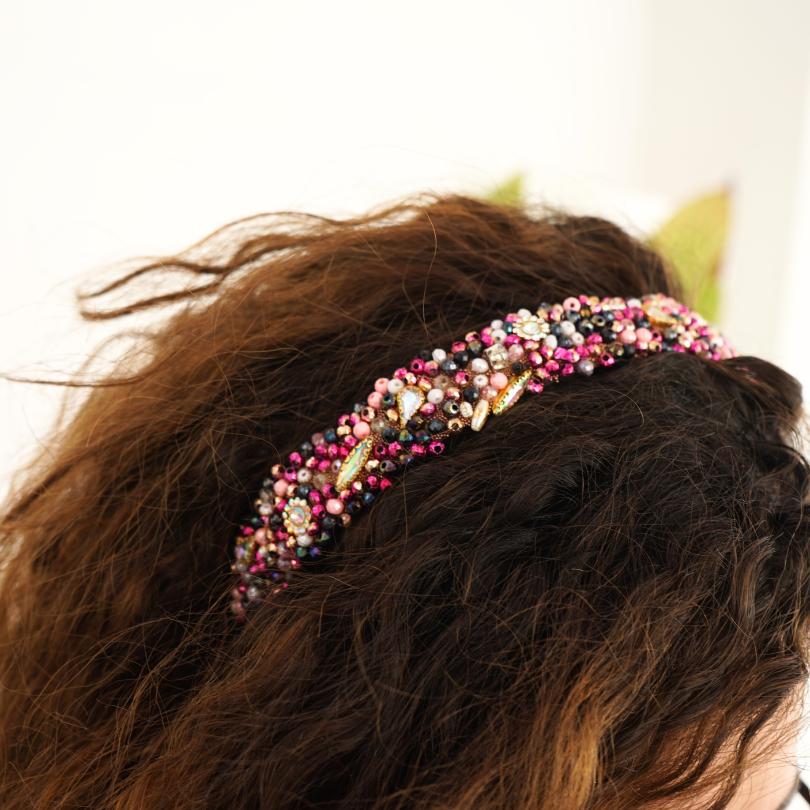 Bandeau cheveux de mariage couleur rose avec des perles et Diamonds