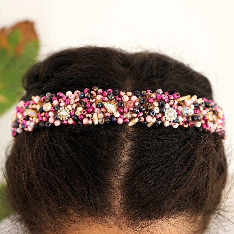 Bandeau cheveux de mariage couleur rose avec des perles et Diamonds