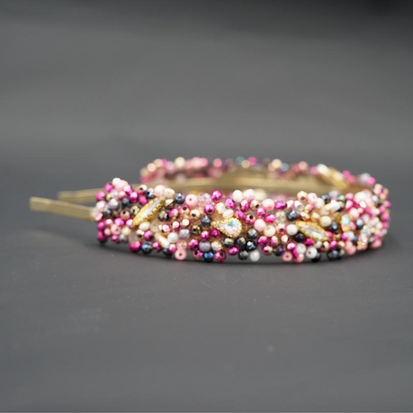 Bandeau cheveux de mariage couleur rose avec des perles et Diamonds