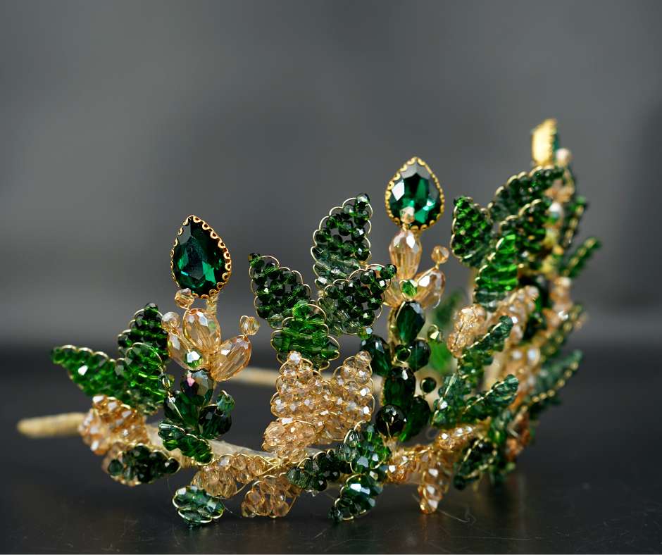 Couronne mariée Verte/D'orée. modèle cristal