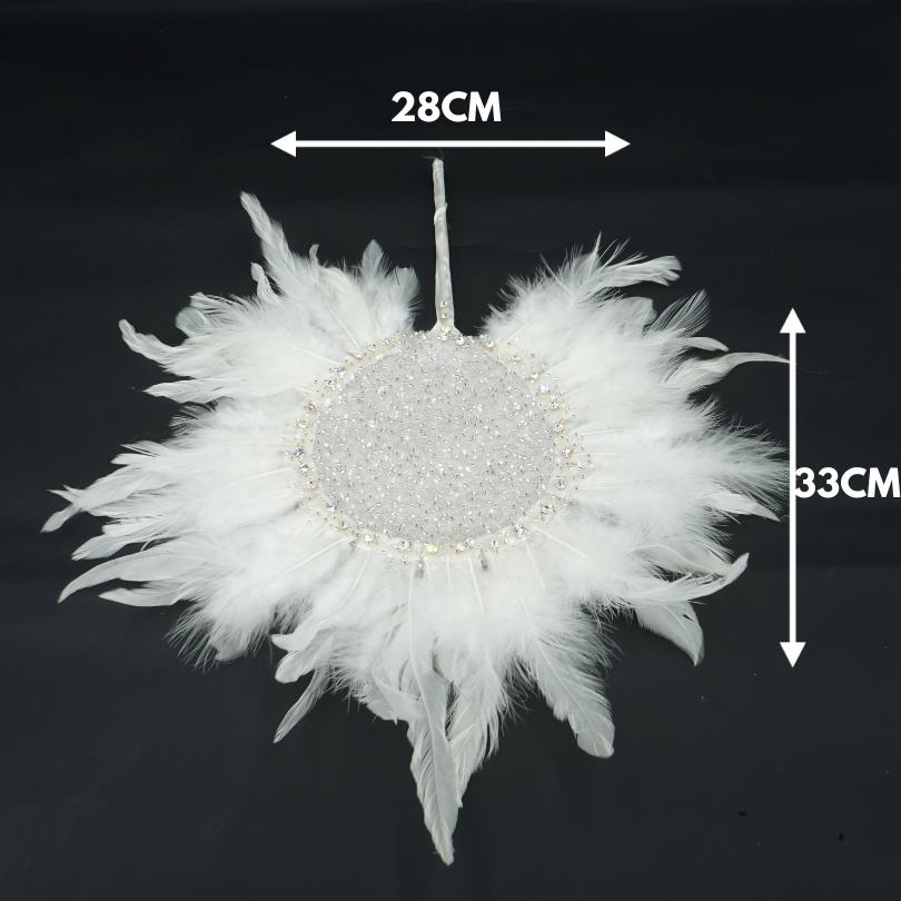 Éventail de plumes de mariée couleur blanc avec diamant
