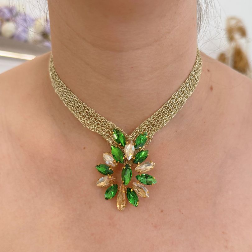 Collier vert doré cristaux ensemble luxe