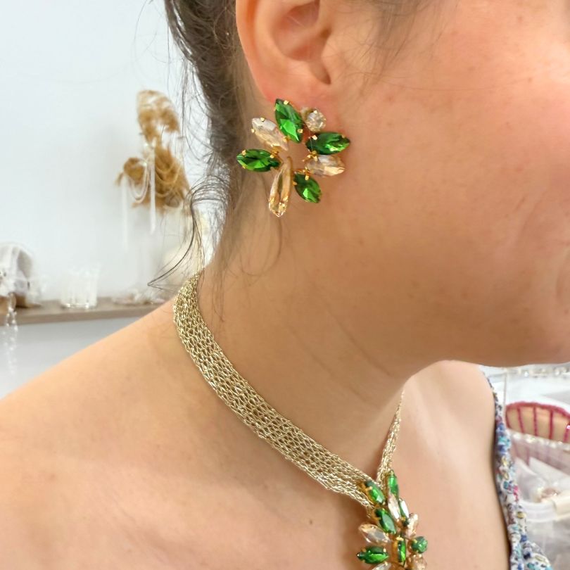 Collier vert doré cristaux ensemble luxe