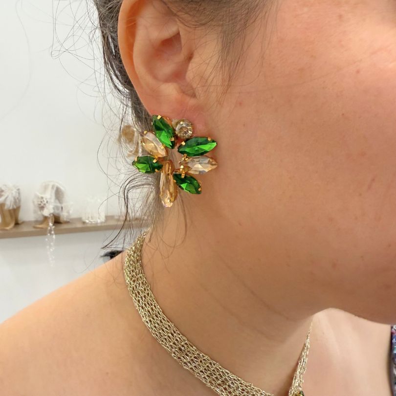 Collier vert doré cristaux ensemble luxe