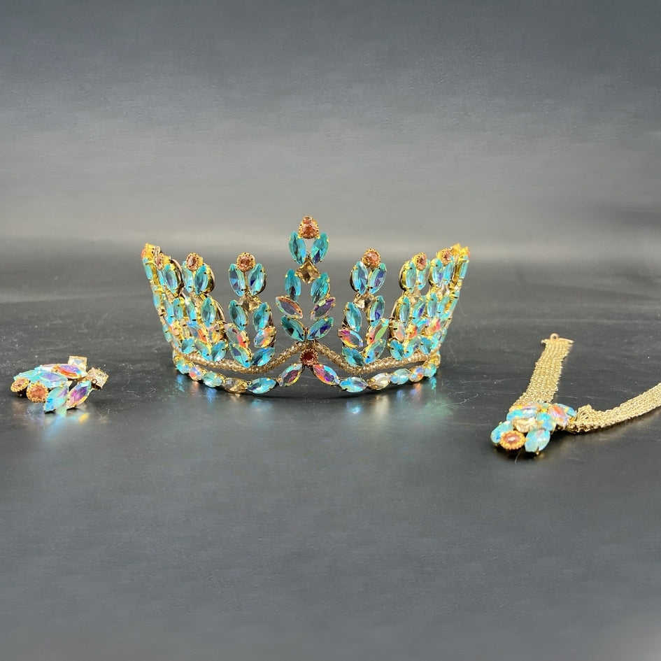 Pack mariage couronne dorée pierres bleues iridescentes