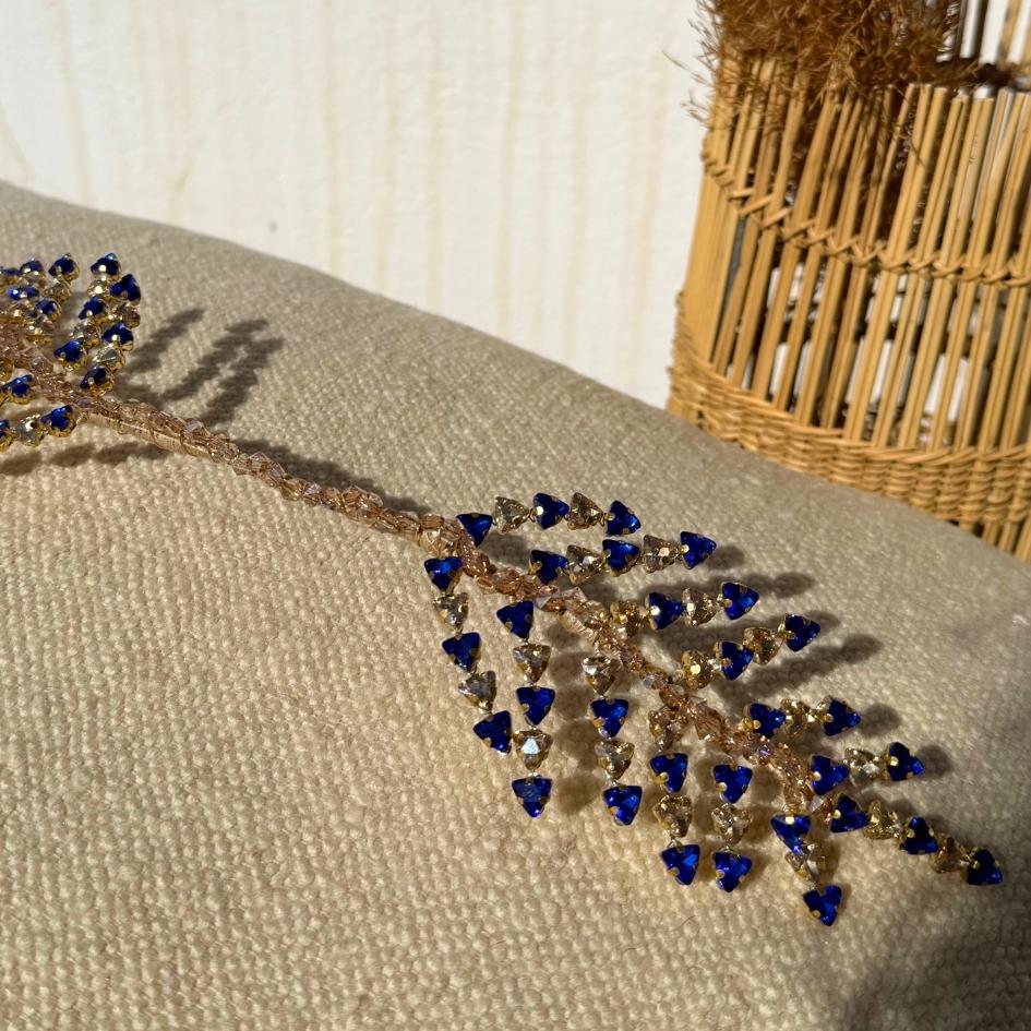 Broche de Mariage Bleu et Or Feuillage en Cristaux Artisanale