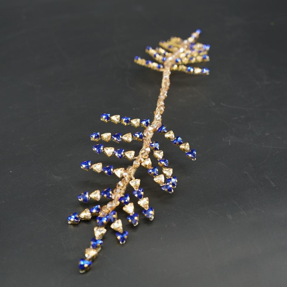 Broche de Mariage Bleu et Or Feuillage en Cristaux Artisanale