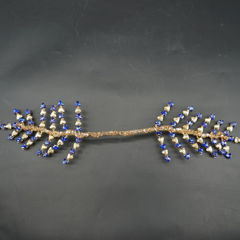 Broche de Mariage Bleu et Or Feuillage en Cristaux Artisanale