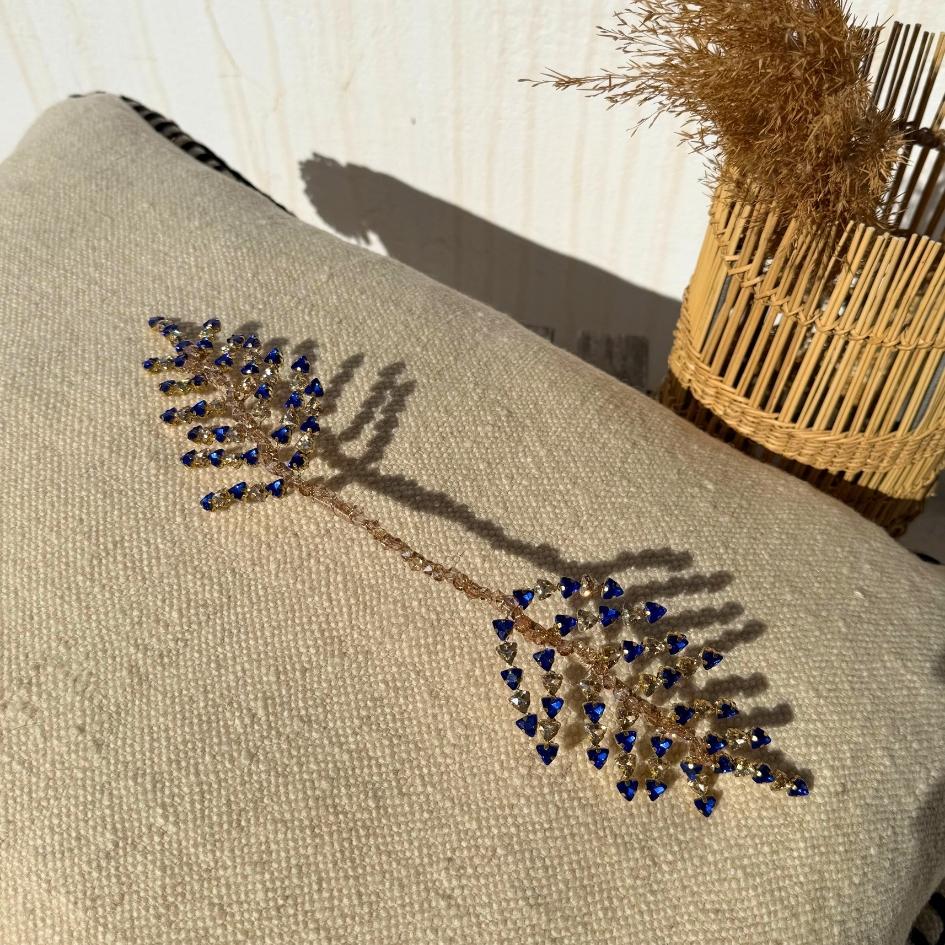 Broche de Mariage Bleu et Or Feuillage en Cristaux Artisanale