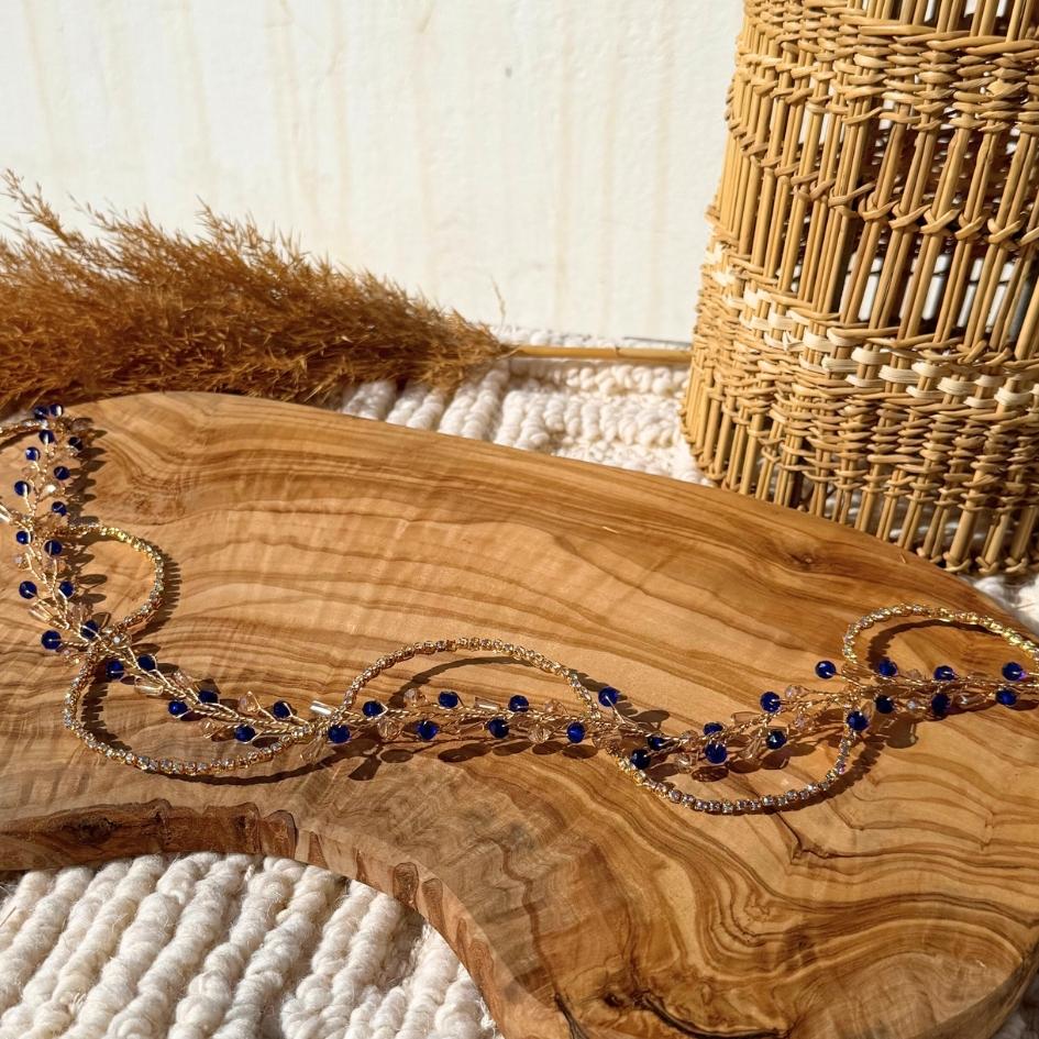 Broche de Mariage Bleu et Doré Ondulée en Cristaux Artisanale