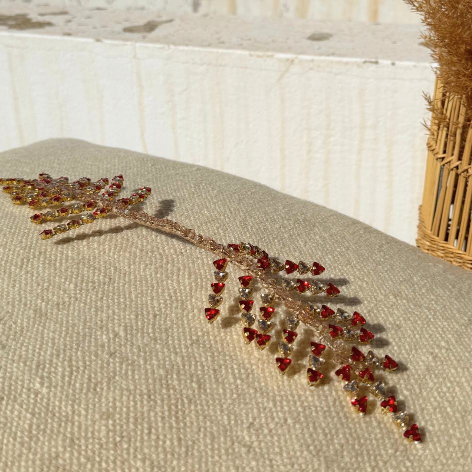 Broche de Mariage Rouge et Dorée Feuillage en Cristaux Artisanale